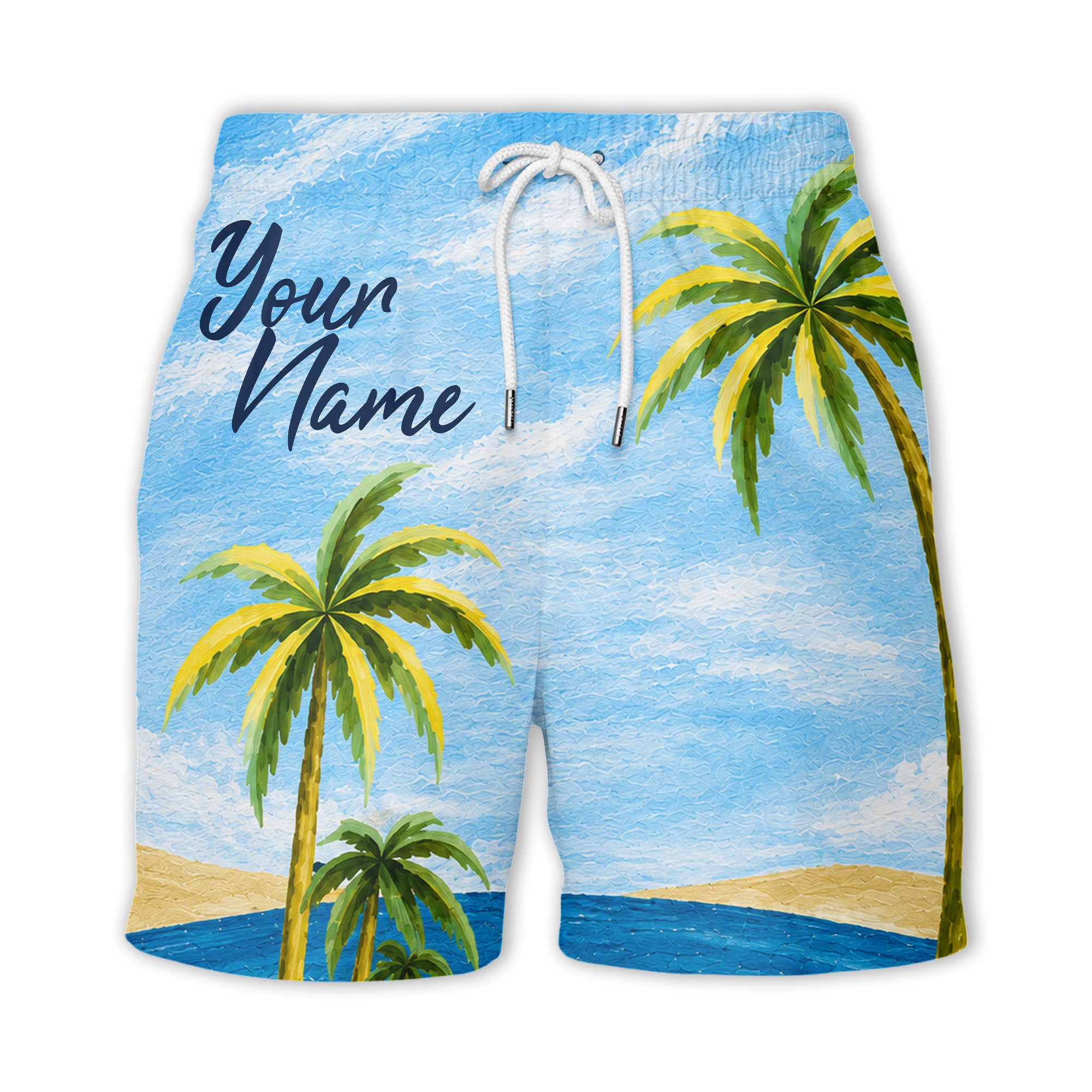 watercolor palm trees sandy beach ocean waves hawaiian shirt