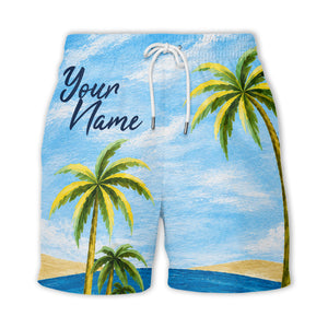 watercolor palm trees sandy beach ocean waves hawaiian shirt
