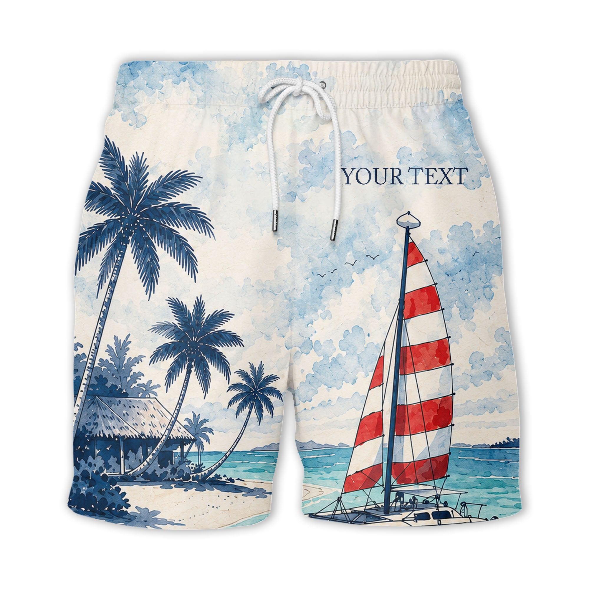 watercolor sailboats & palm trees beach scene navy hawaiian shirt for men