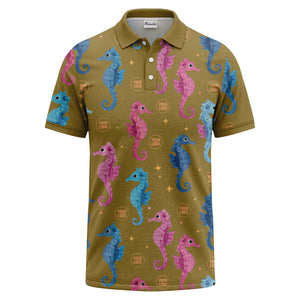 watercolor seahorse repeat marine life polo shirt in pink blue