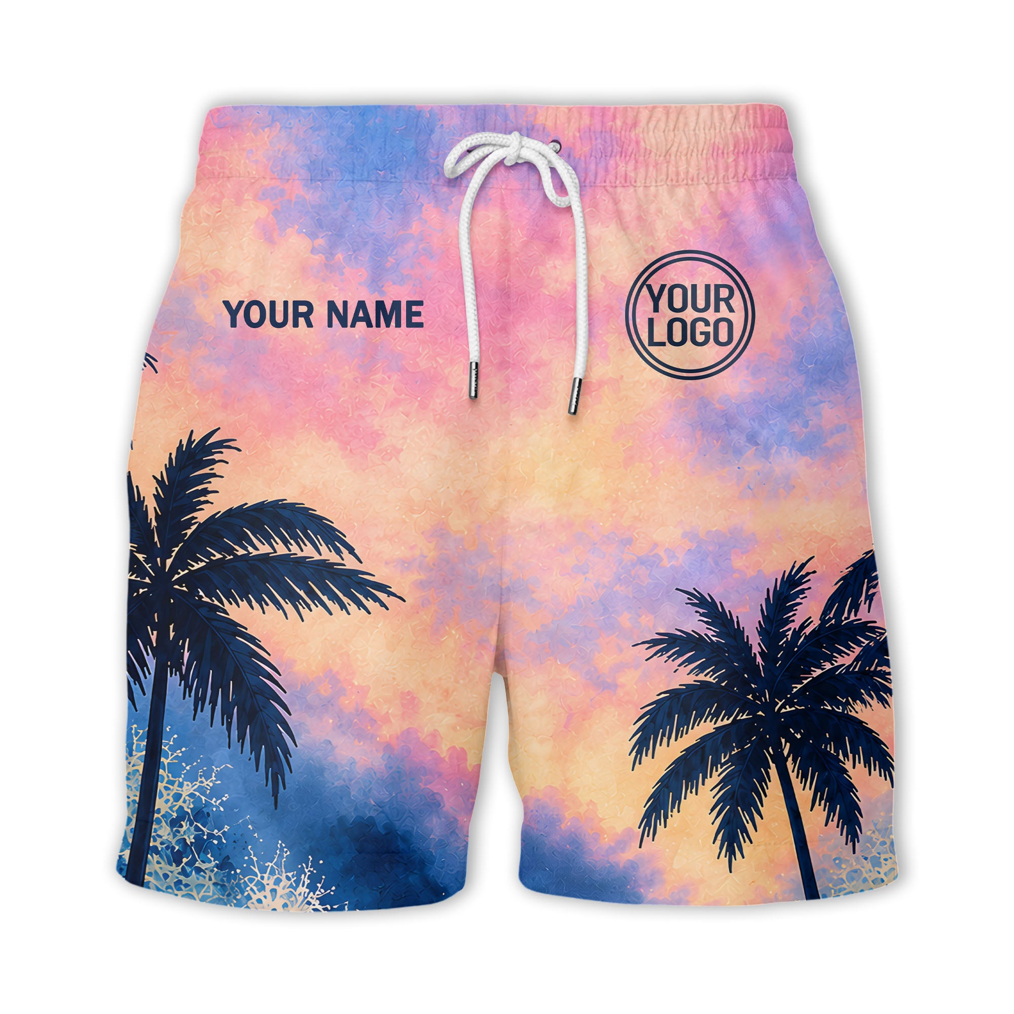 watercolor sunset palm trees coral reef navy hawaiian shirt