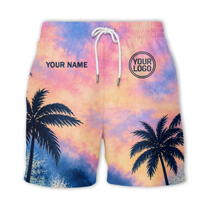 watercolor sunset palm trees coral reef navy hawaiian shirt