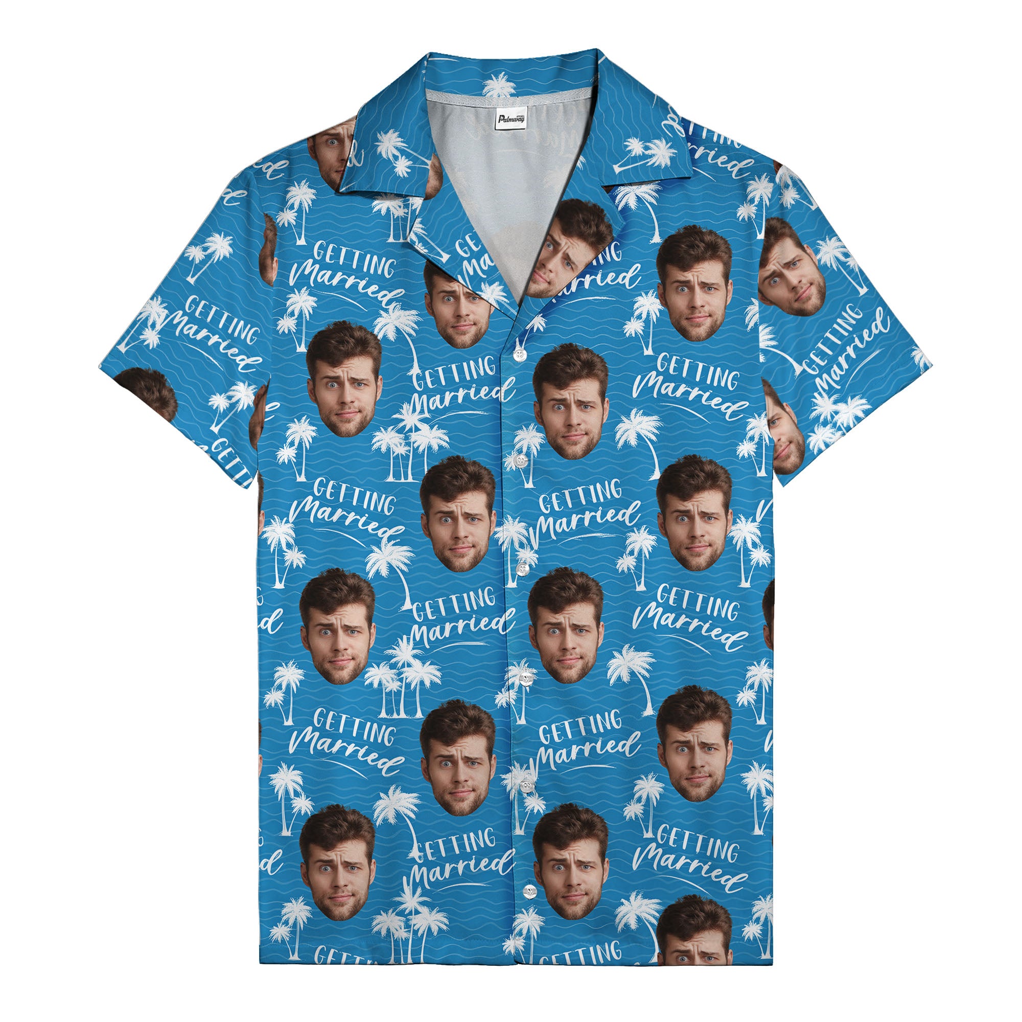 wedding announcement faces & palm trees illustrated fun hawaiian shirt for men