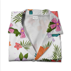 White Lavender Dotted Hibiscus Hawaiian Shirt with Five Petal Flowers