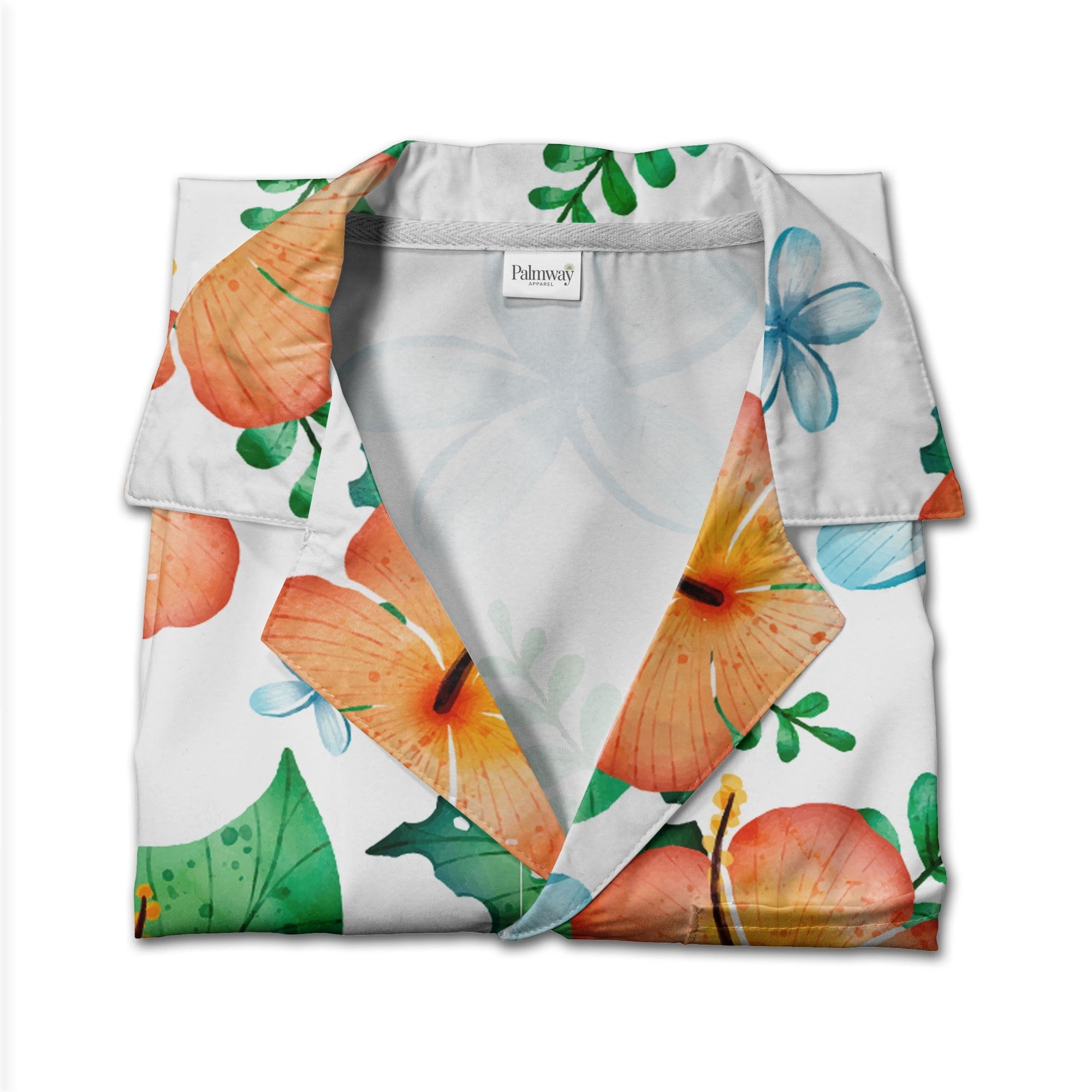 White Watercolor Hibiscus Hawaiian Shirt with Blue Plumeria and Tropical Leaves