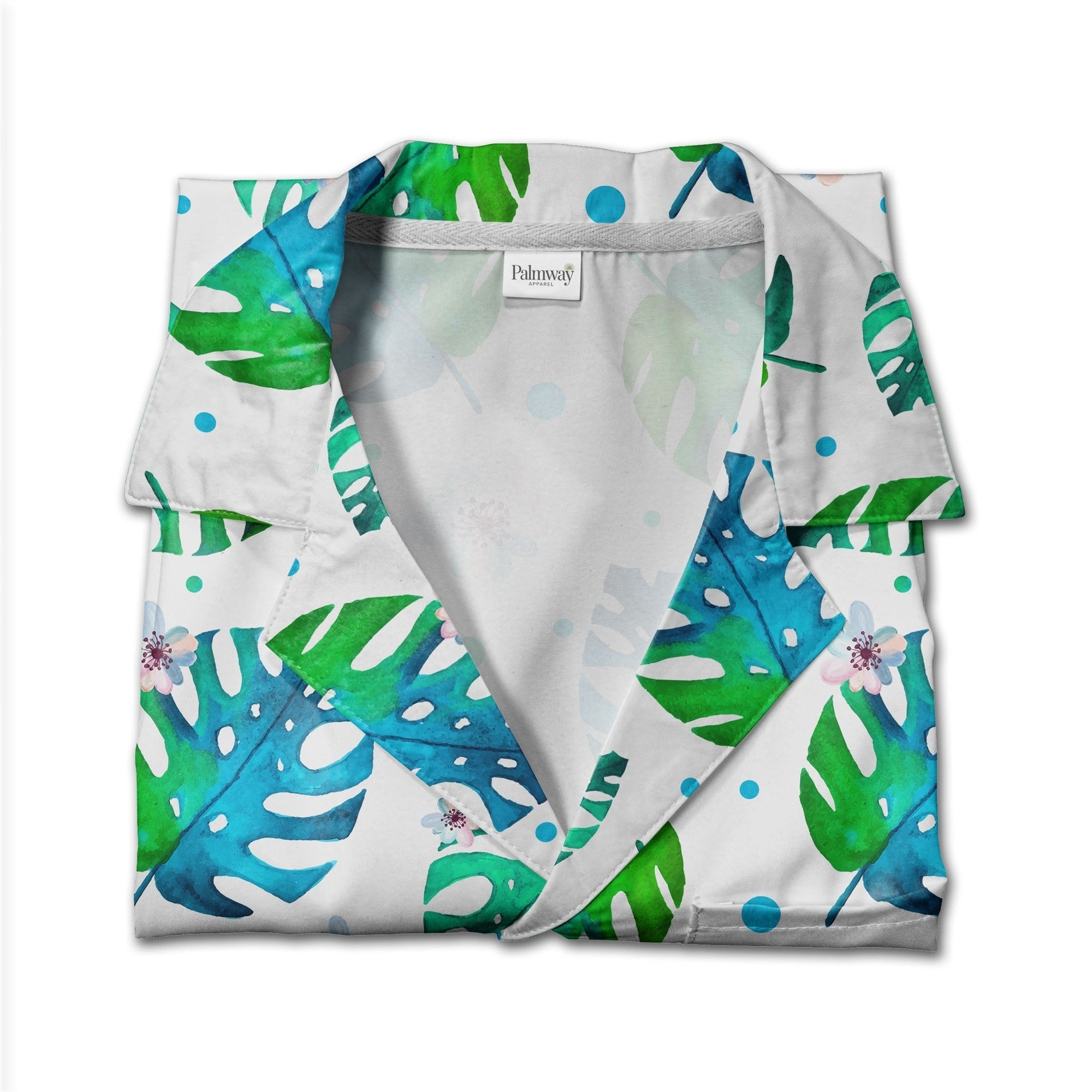 White Watercolor Monstera Hawaiian Shirt with Pink Blue Gradient Flowers