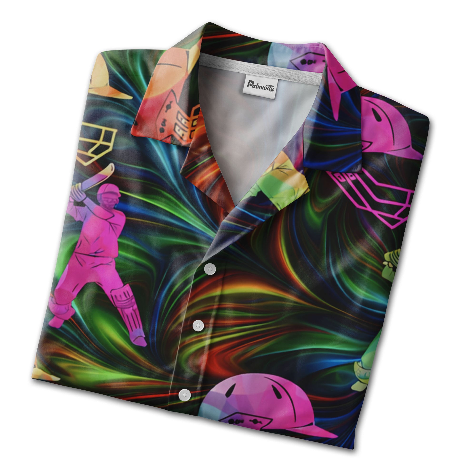 Abstract Cricket Hawaiian Shirt - Neon Rainbow Players Bats Wickets Energetic