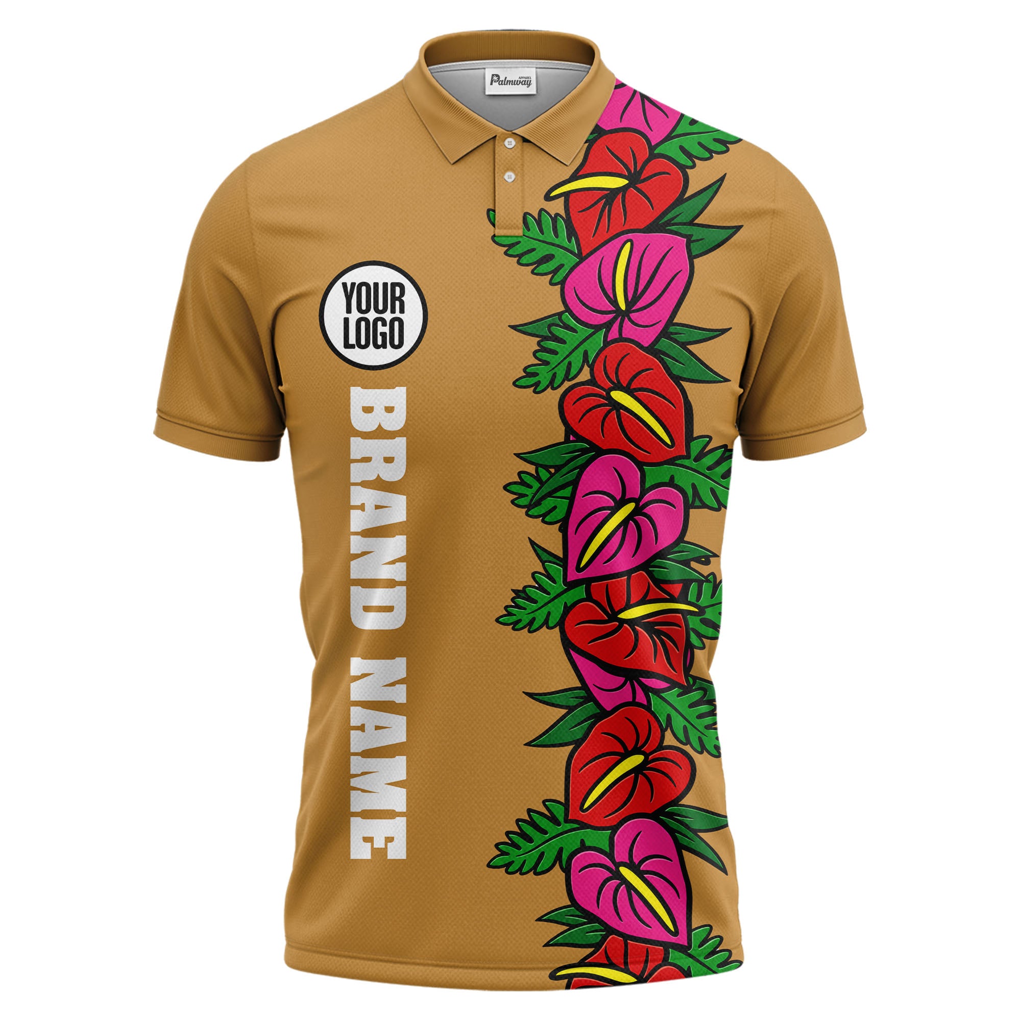 anthurium & emerald leaf stripe coral red polo shirt for men