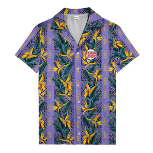 bird of paradise blossoms & tribal border black hawaiian shirt for men