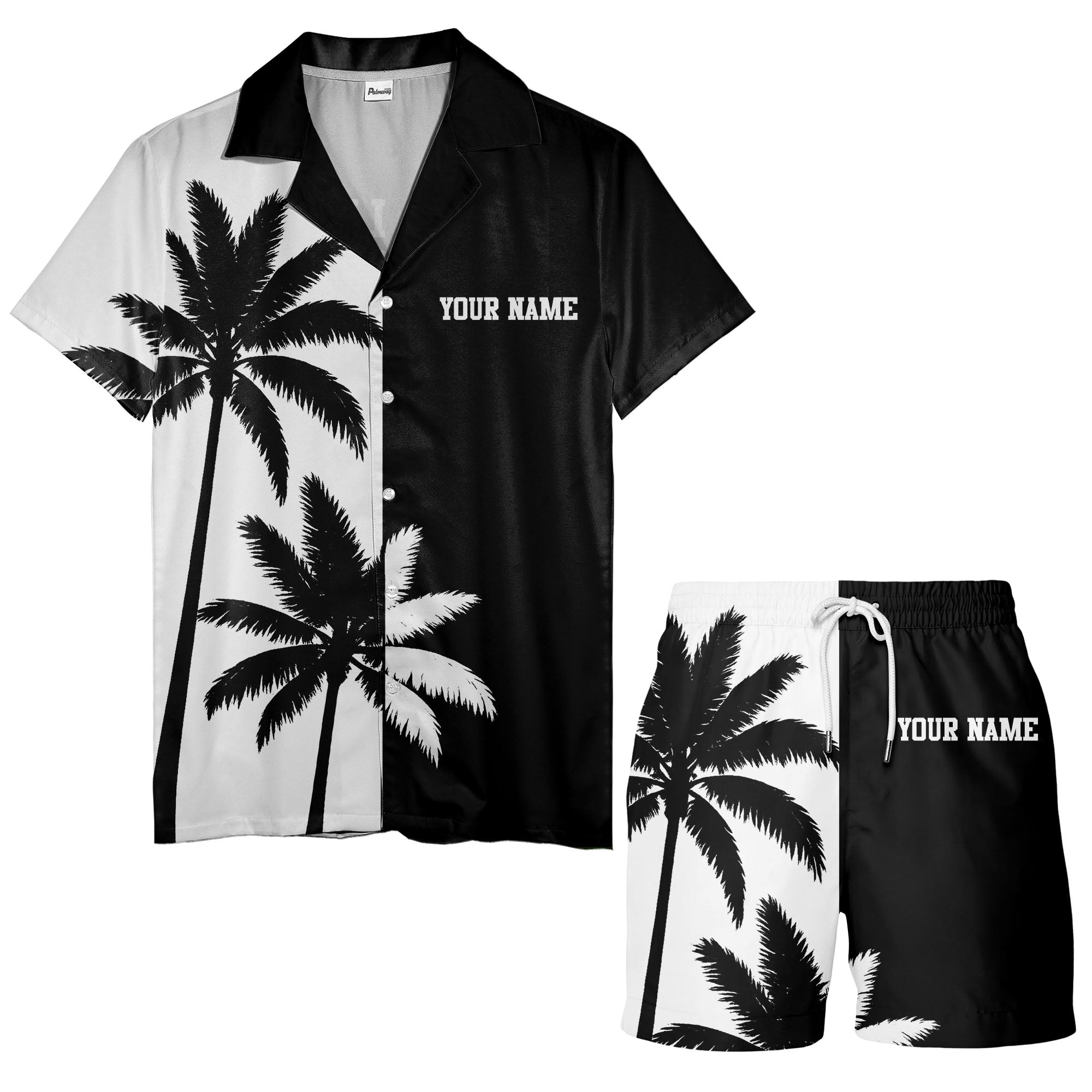 black white palm tree silhouette contrast tropical hawaiian shirt for men