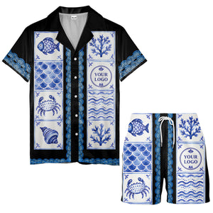 blue ceramic tile mosaic fish crab coral watercolor oceanic hawaiian shirt