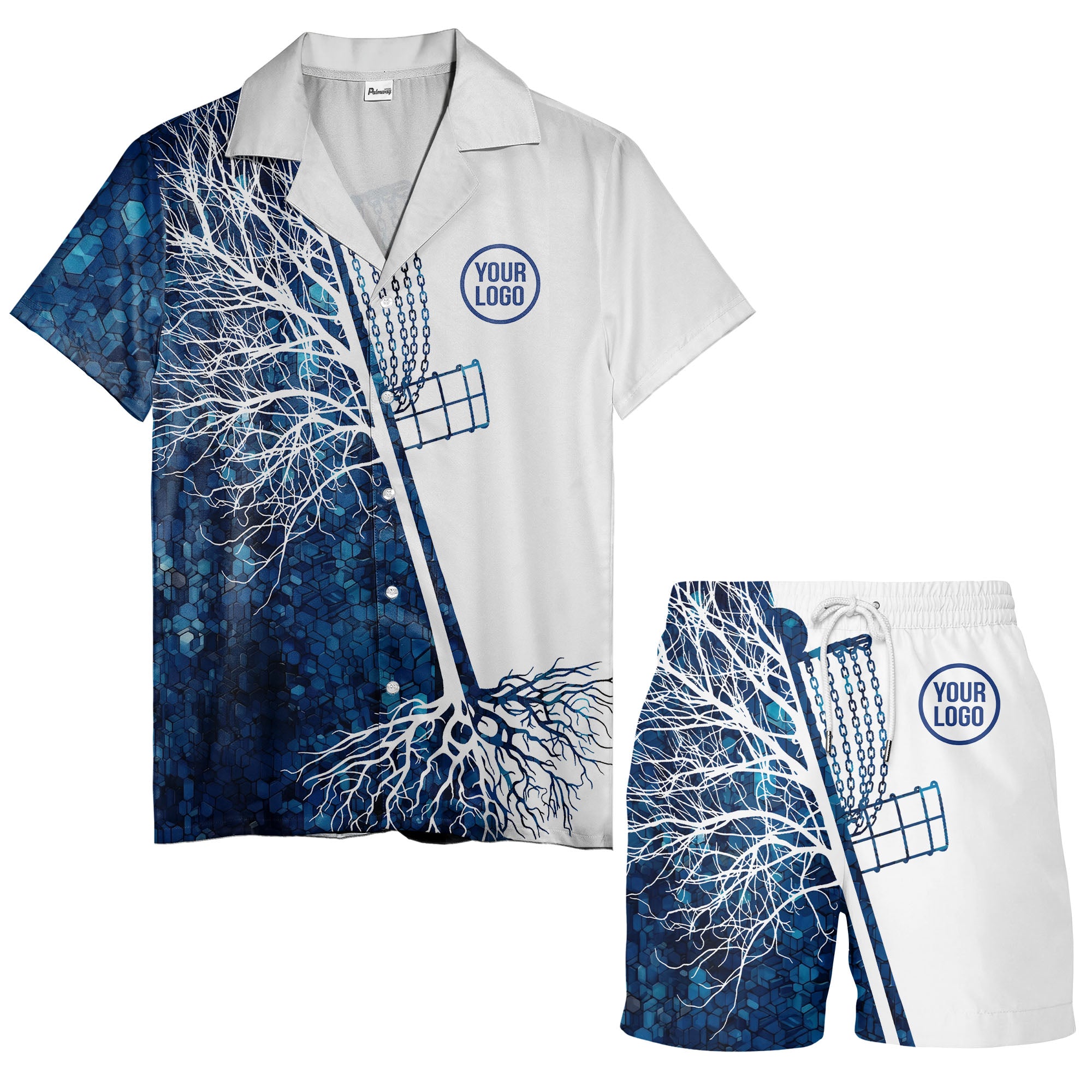 blue hexagon windmill silhouette & tree roots abstract art hawaiian shirt