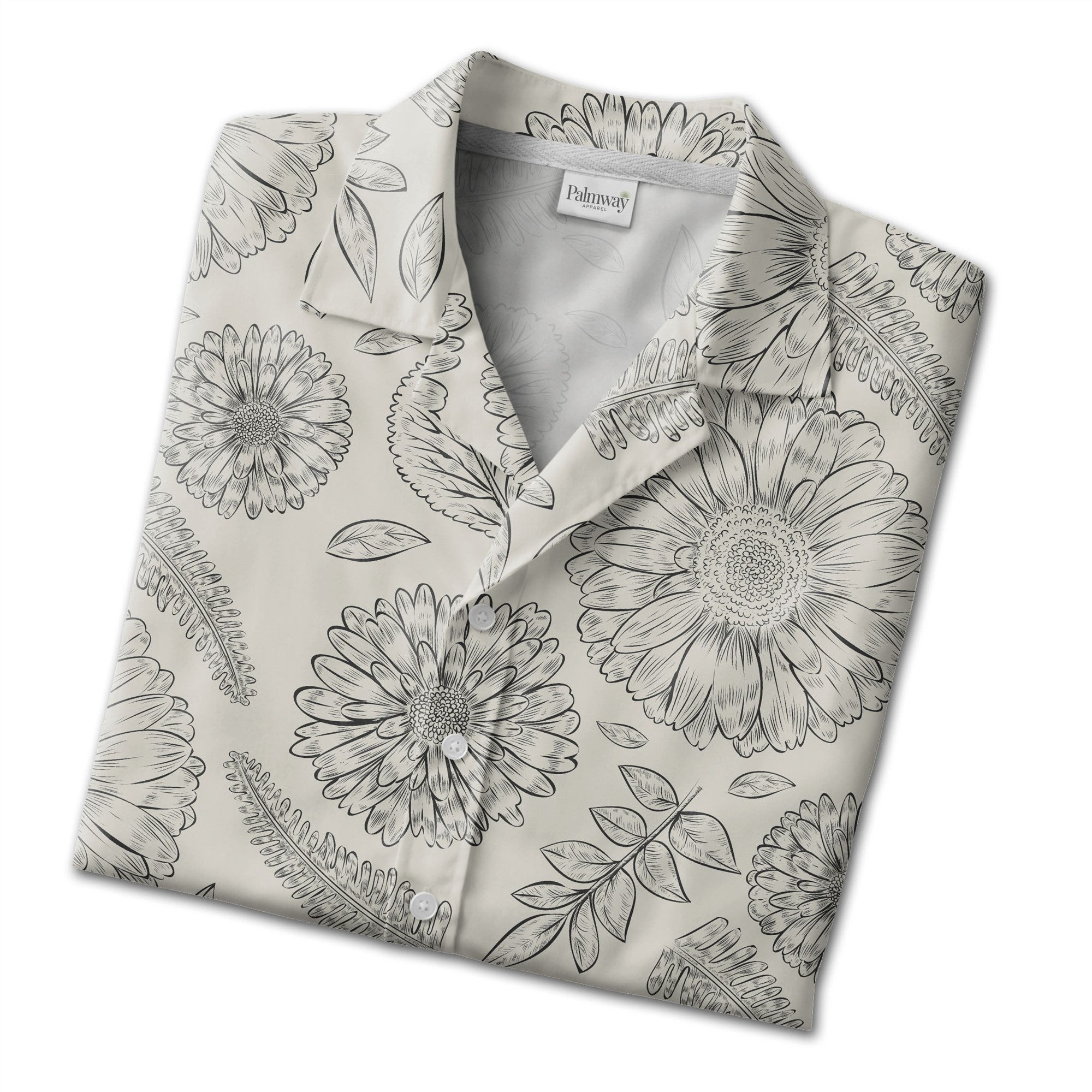 Botanical Line Art Flower Hawaiian Shirt with Fern Fronds Vintage