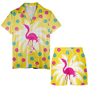 bright yellow flamingo on palm tree hawaiian shirt with custom logos