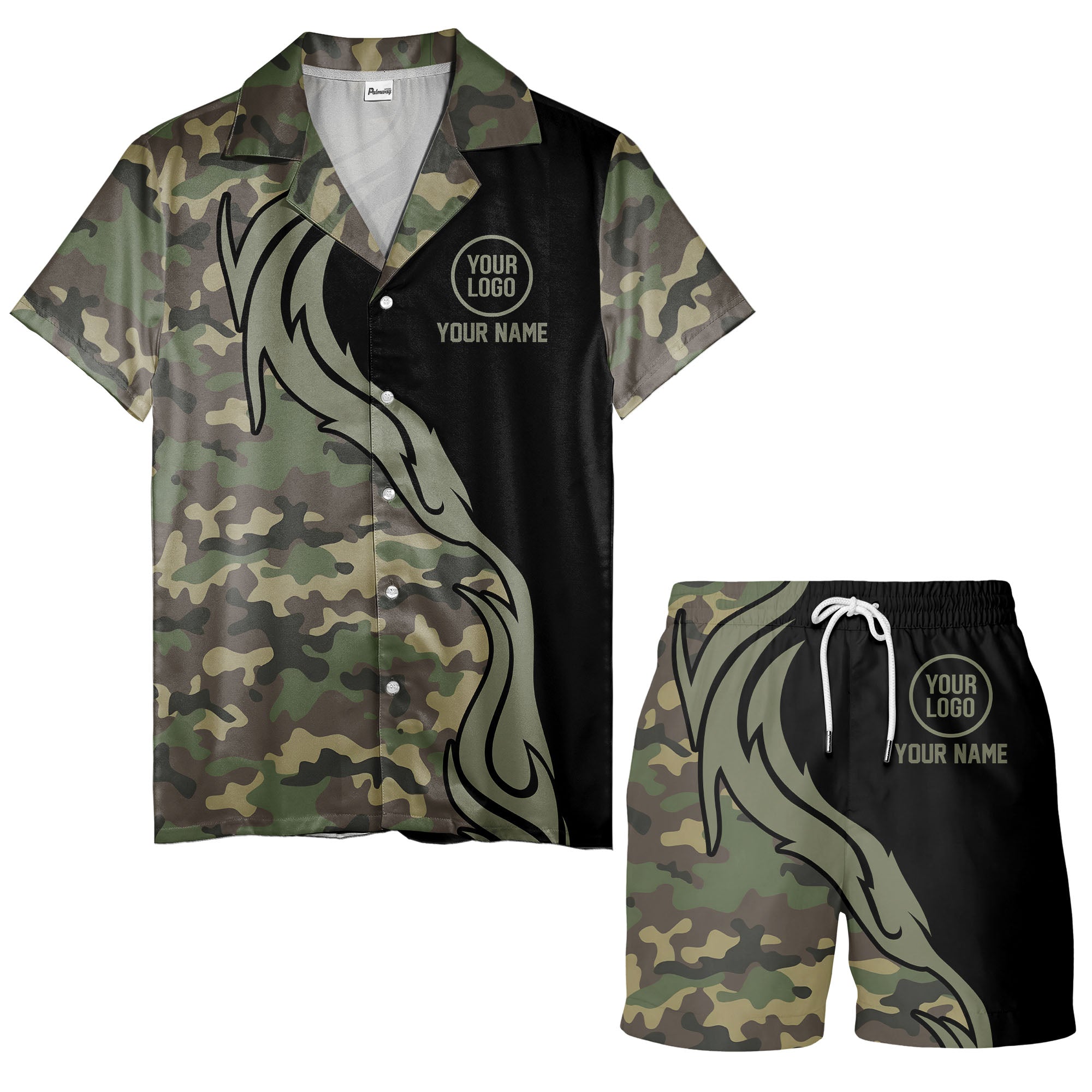 camouflage palm tree silhouette black panel hawaiian shirt