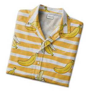 Cartoon Banana Hawaiian Shirt on Yellow and White Wavy Stripes