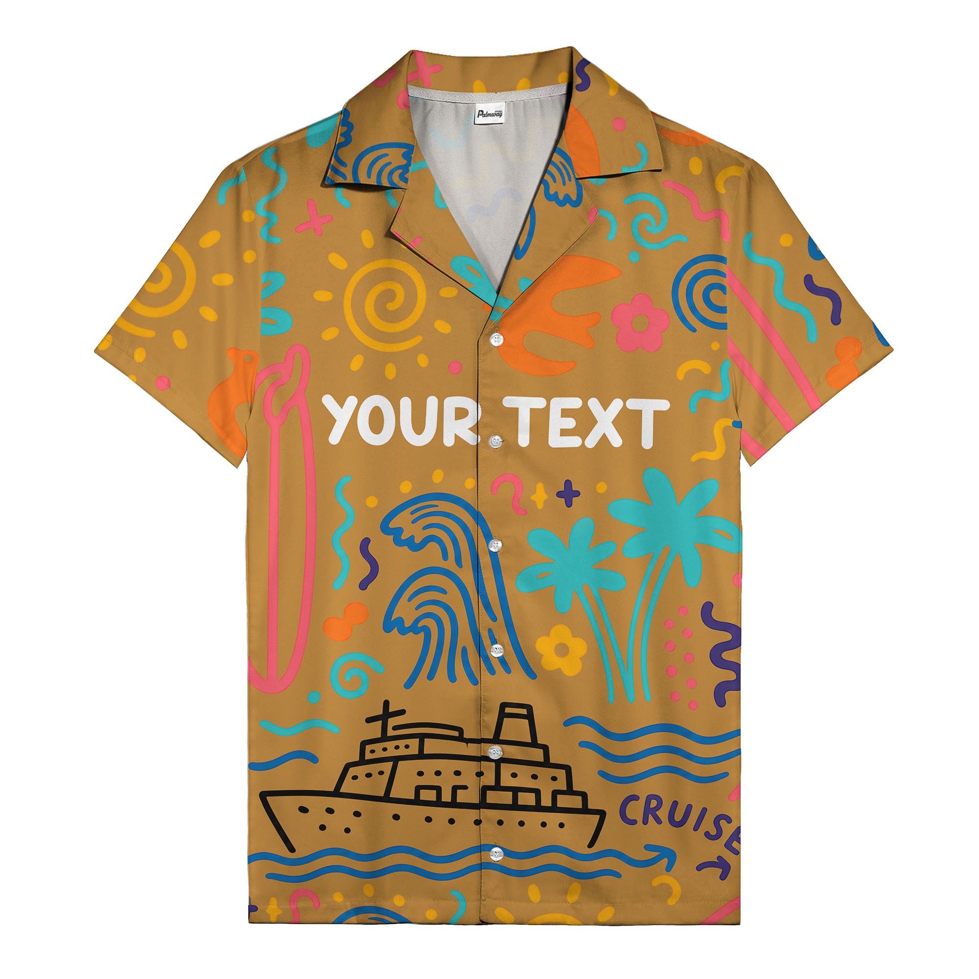 cartoon cruise ship palm trees surfboards wave hawaiian shirt