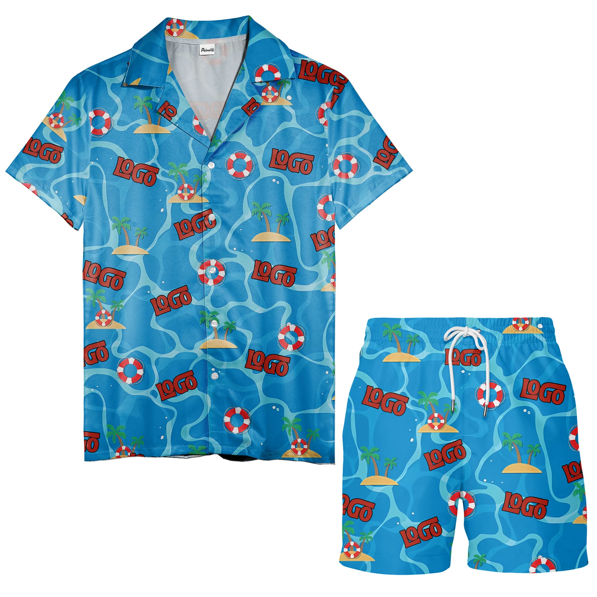 cartoon lifebuoy & palm tree island oasis hawaiian shirt for men