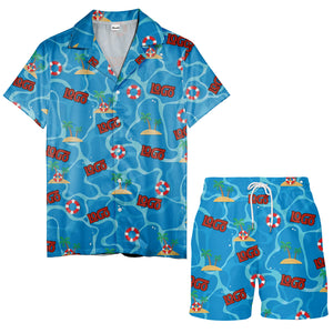 cartoon lifebuoy & palm tree island oasis hawaiian shirt for men