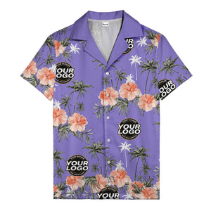 coral pink hibiscus & palm trees on black hawaiian shirt for men