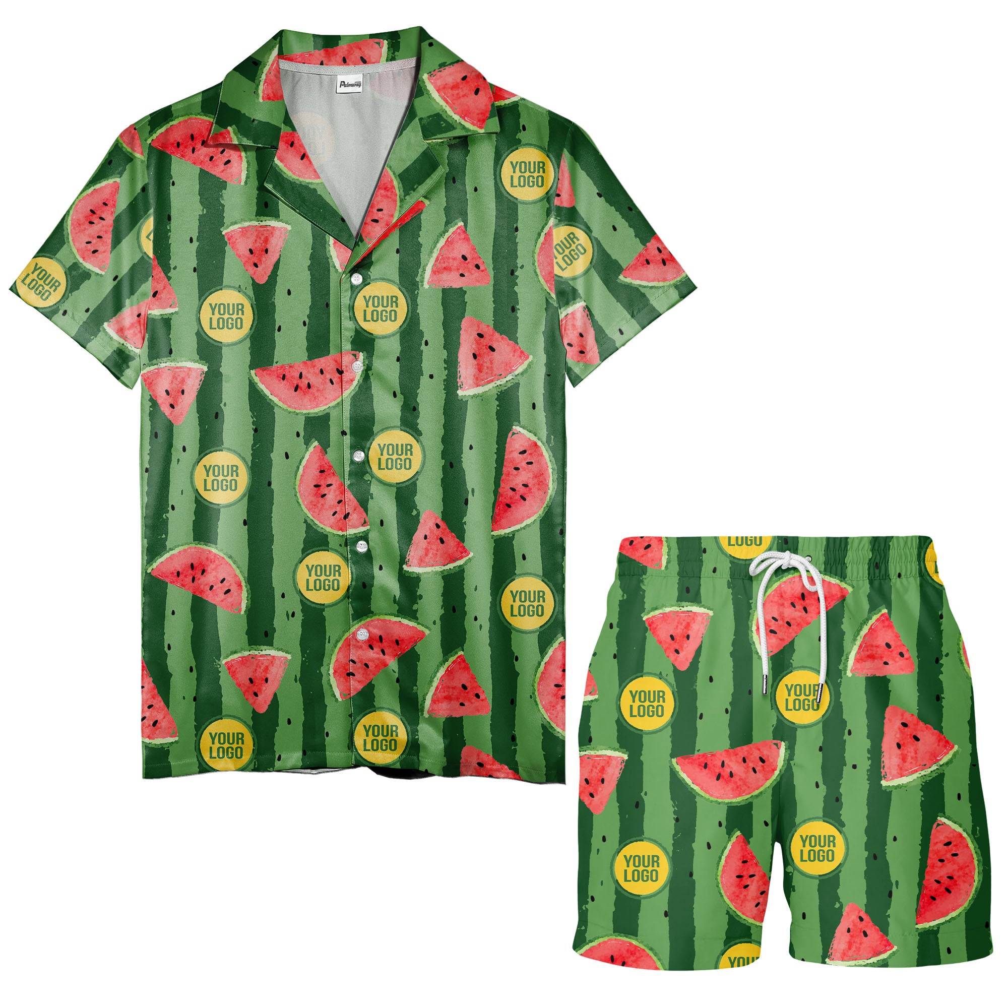 coral watermelon slices & bold green stripes fun cartoon hawaiian shirt