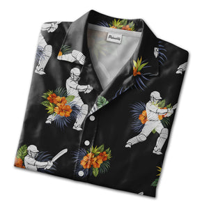 Cricket Aloha Shirt - Tropical Floral Players Bats Helmets Orange Green Print