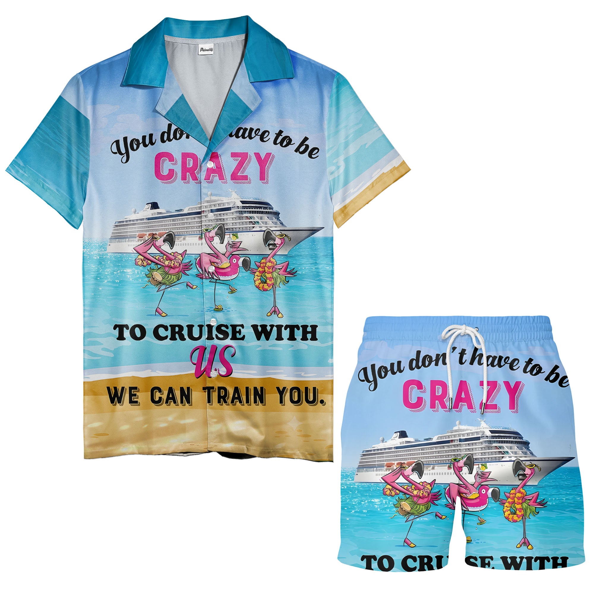 cruise ship & flamingo beach scene cartoon hawaiian shirt