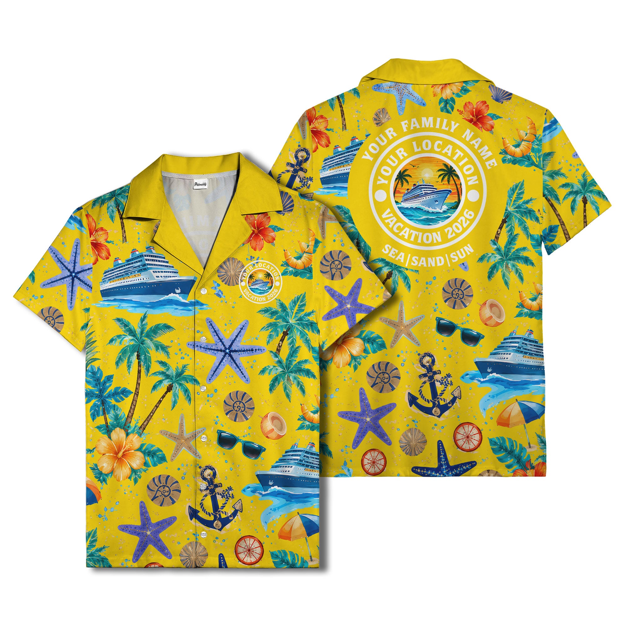 cruise ship palm trees starfish watercolor hawaiian shirt