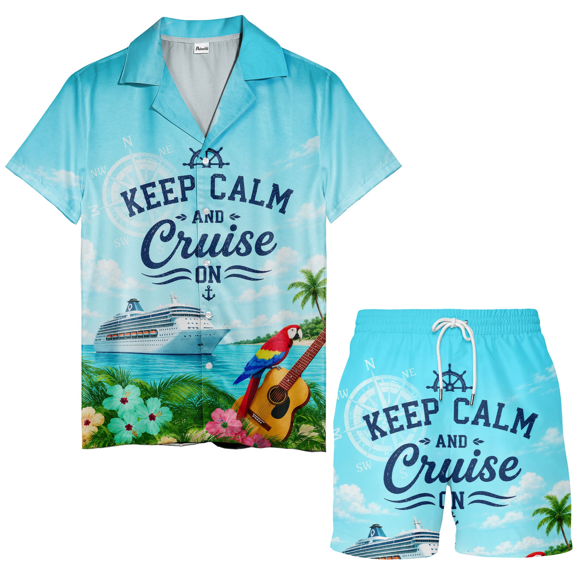 cruise ship parrot & guitar beach scene hawaiian shirt