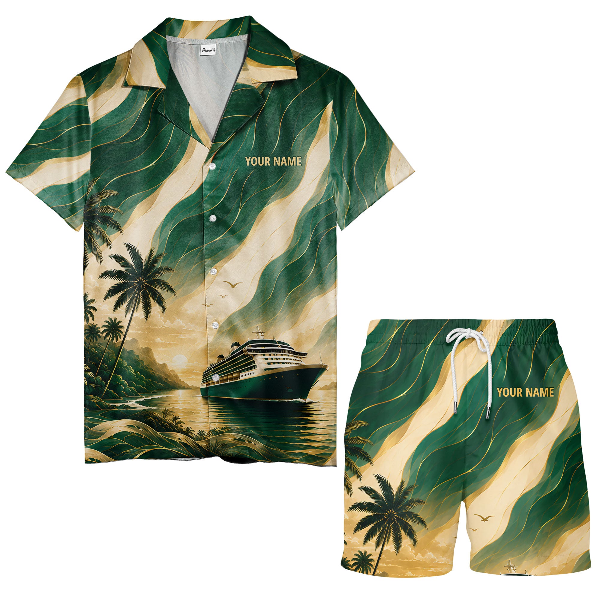 cruise ship sailing into golden sunset palm trees hawaiian shirt