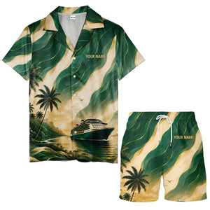 cruise ship sailing into golden sunset palm trees hawaiian shirt