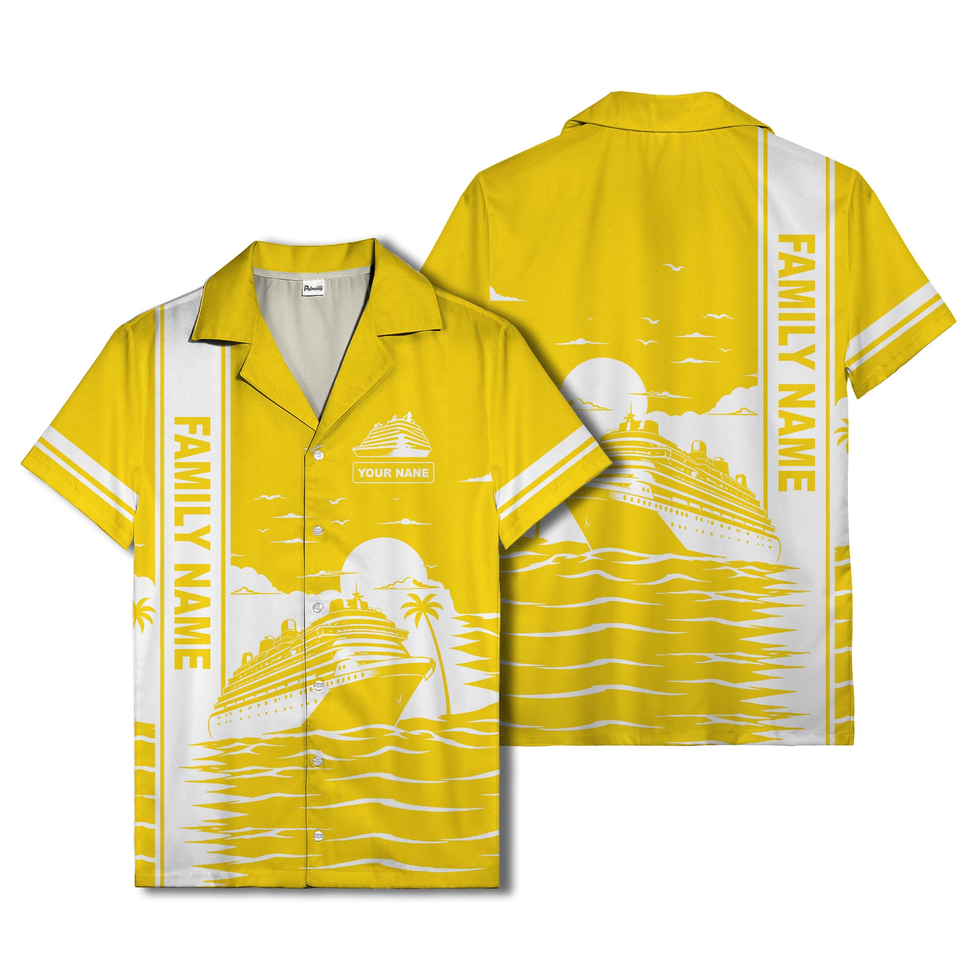 cruise ship silhouette sunset palm trees hawaiian shirt