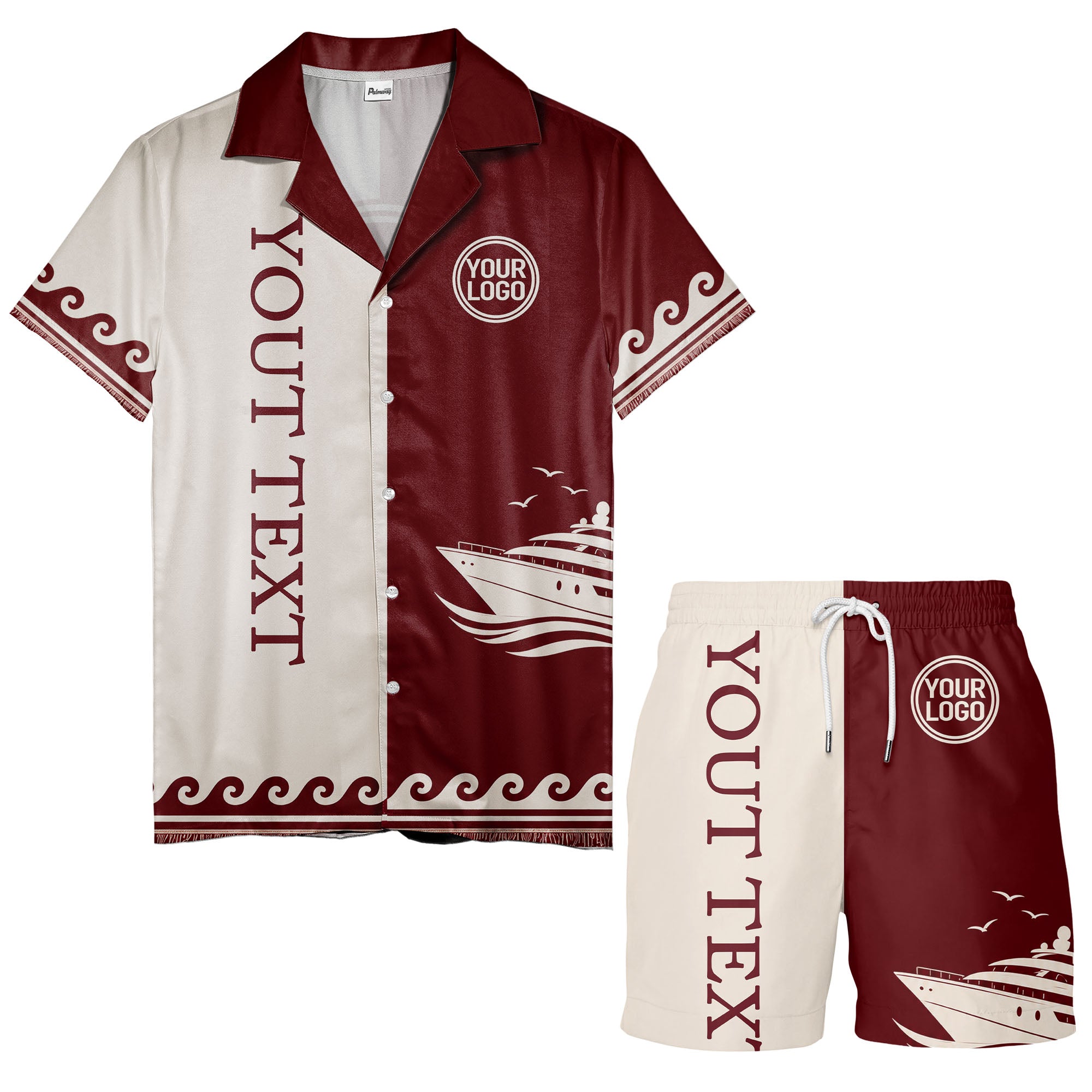 cruise ship & soaring seagulls on maroon ocean waves hawaiian shirt