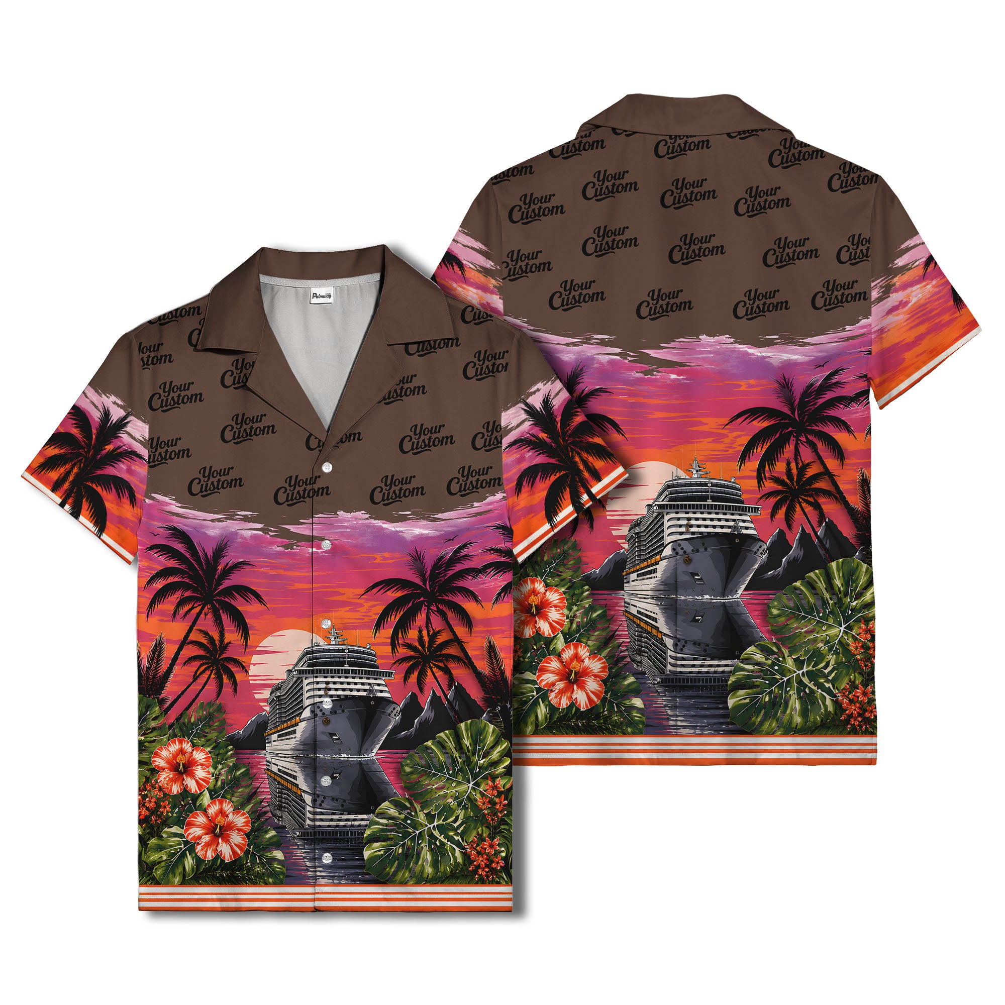 cruise ship sunset palm trees hibiscus flowers hawaiian shirt for men