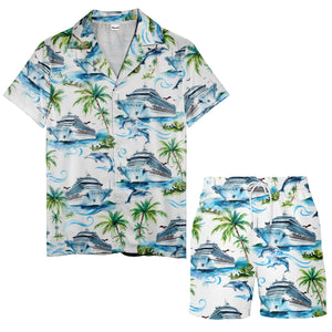 cruise ships dolphins & palm tree watercolor hawaiian shirt