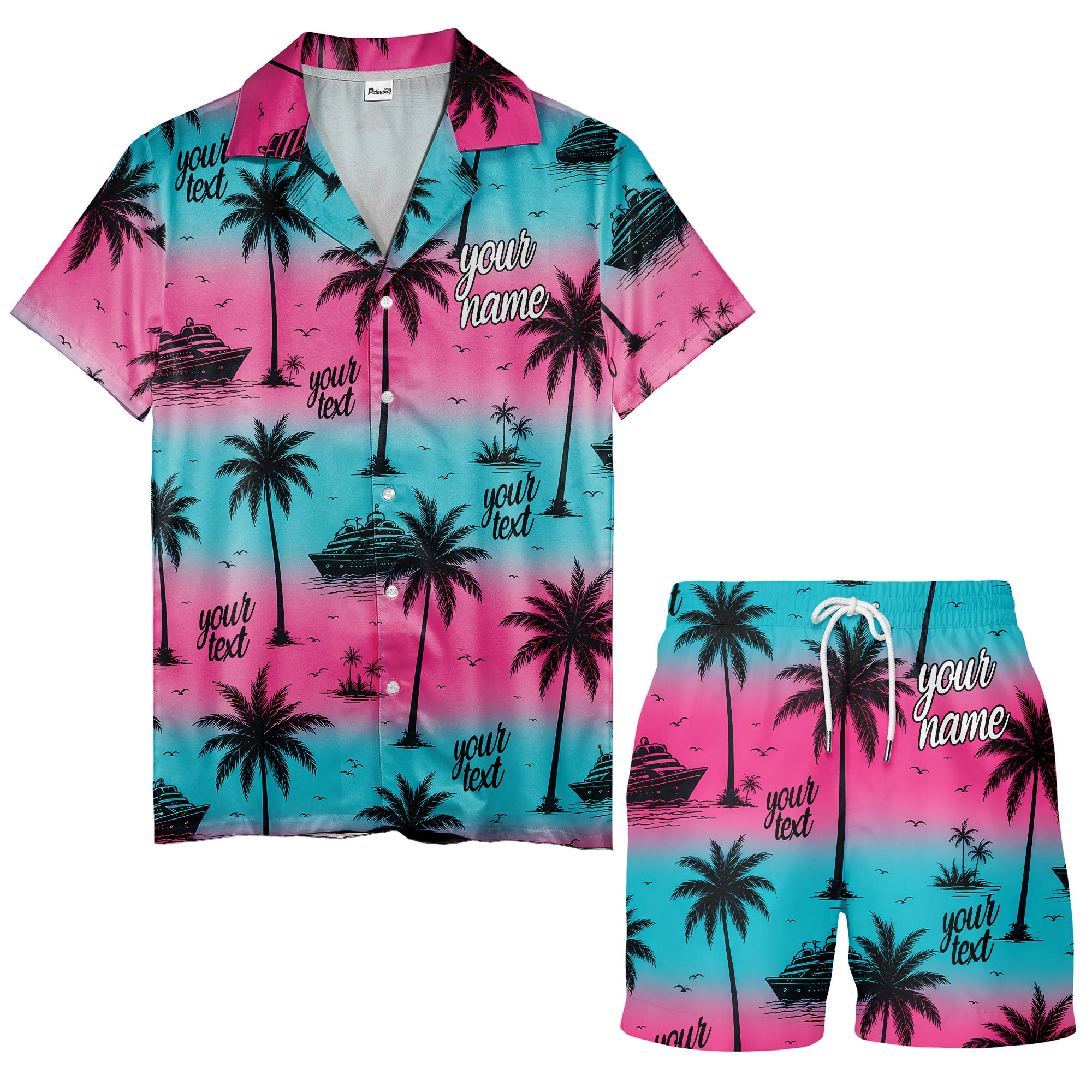 cruise ships & palm trees sunset coral pink hawaiian shirt
