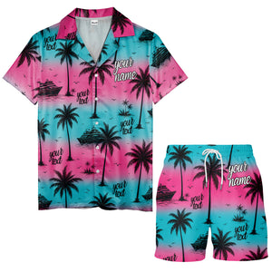cruise ships & palm trees sunset coral pink hawaiian shirt