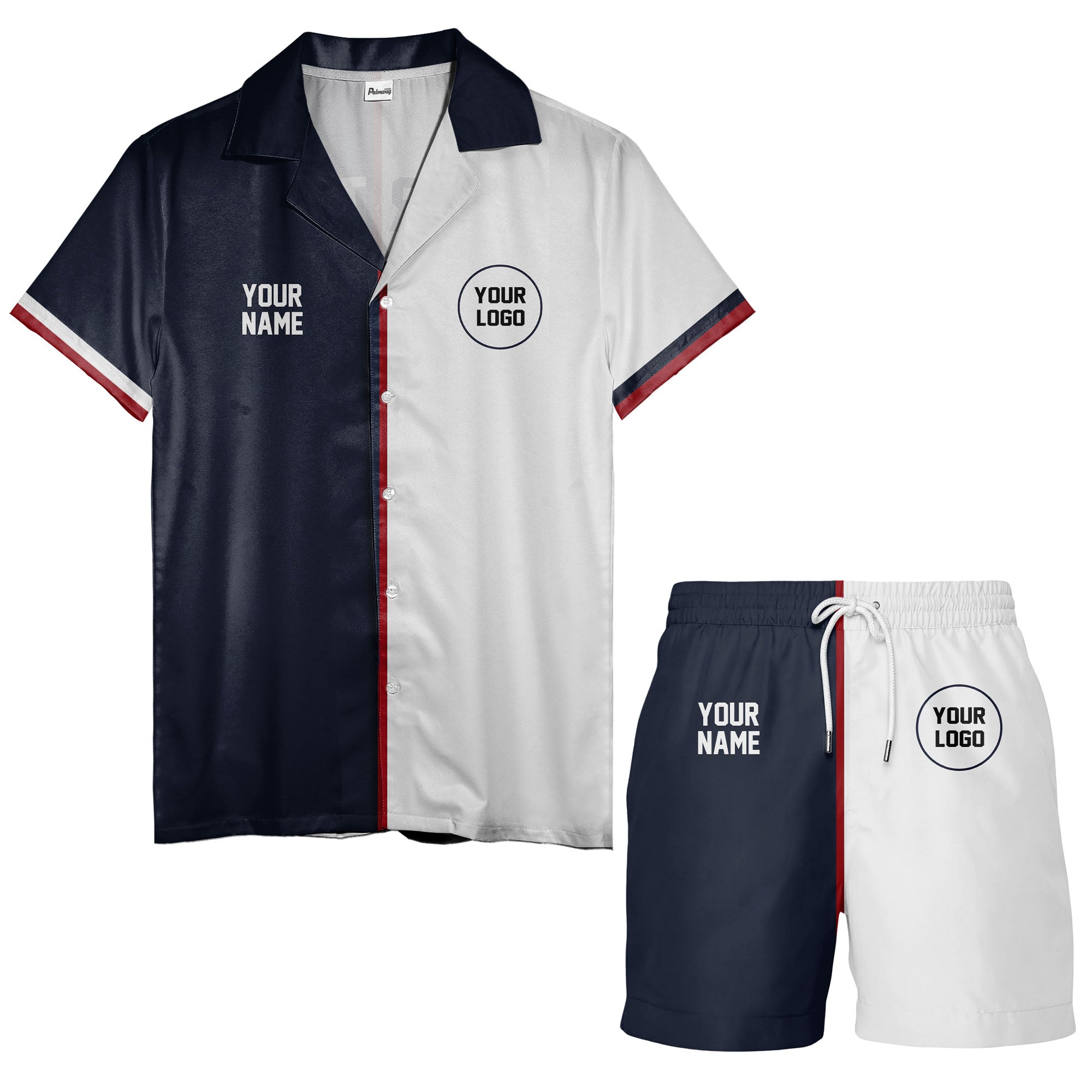 custom name & logo circle navy hawaiian shirt for bowlers