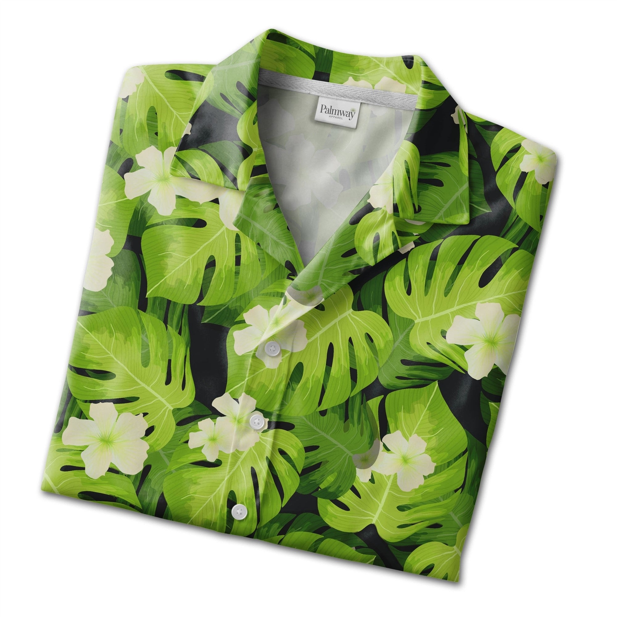 Dark Charcoal Grey Monstera Hawaiian Shirt with White Flowers and Lime Green