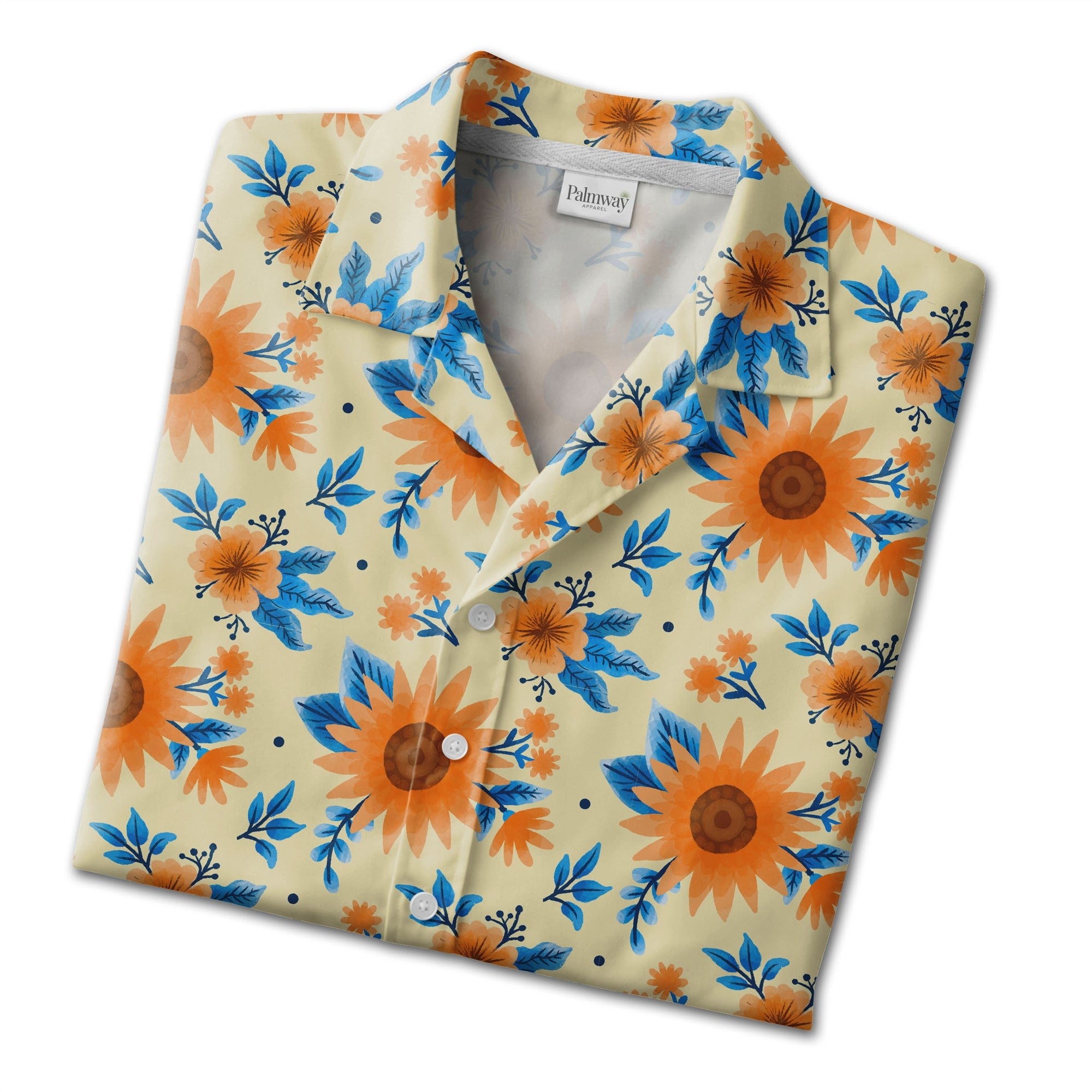Decorative Orange Sunflower Hawaiian Shirt with Blue Leaves on Yellow
