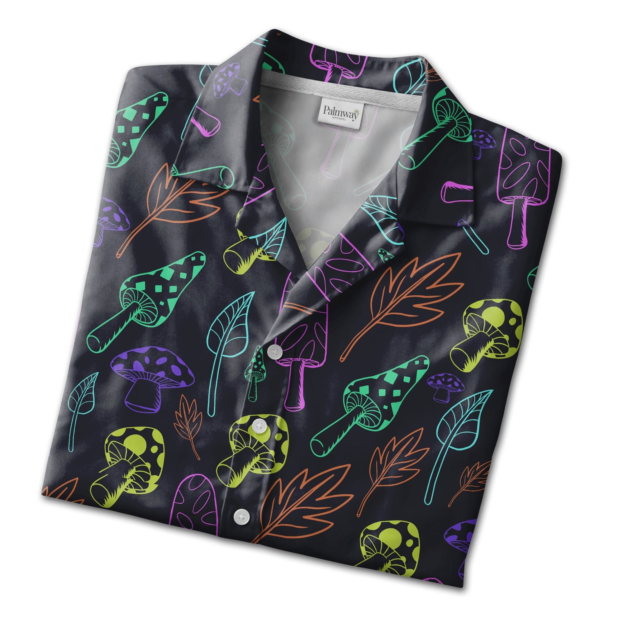 Detailed Botanical Mushroom Hawaiian Shirt with Autumn Leaves on Black