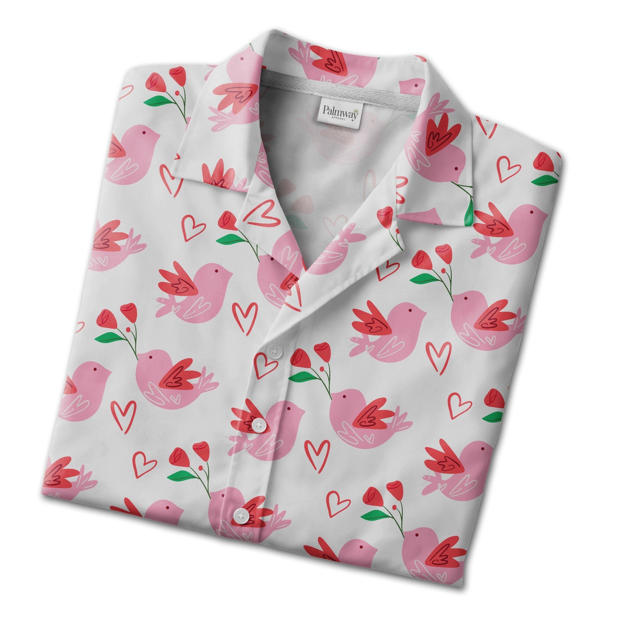 Doodle Art Hearts Hawaiian Shirt in Baby Blue with Coral and Pink Accents
