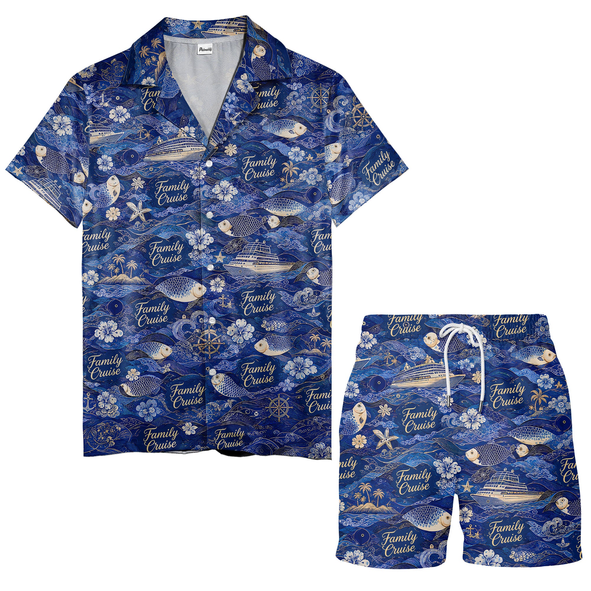 family cruise ships & leaping fish ocean waves hawaiian shirt