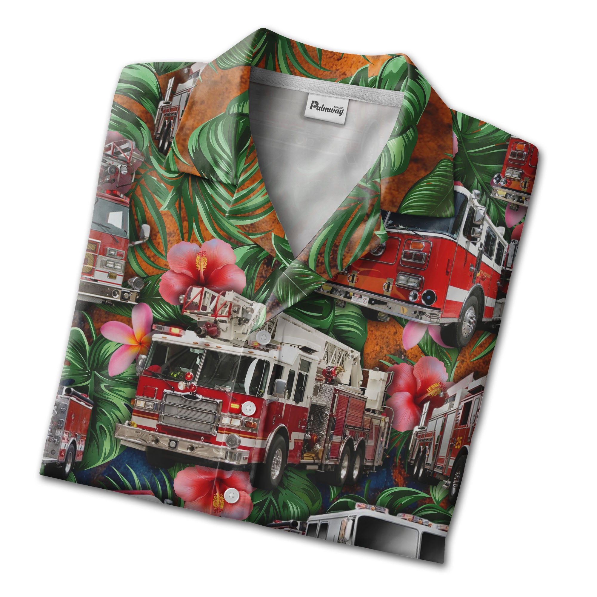 Fire Truck Surf Rescue Tropical Aloha Shirt With Palm Hibiscus For Men Hawaiian Shirt
