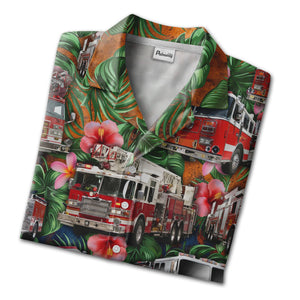Fire Truck Surf Rescue Tropical Aloha Shirt With Palm Hibiscus For Men Hawaiian Shirt