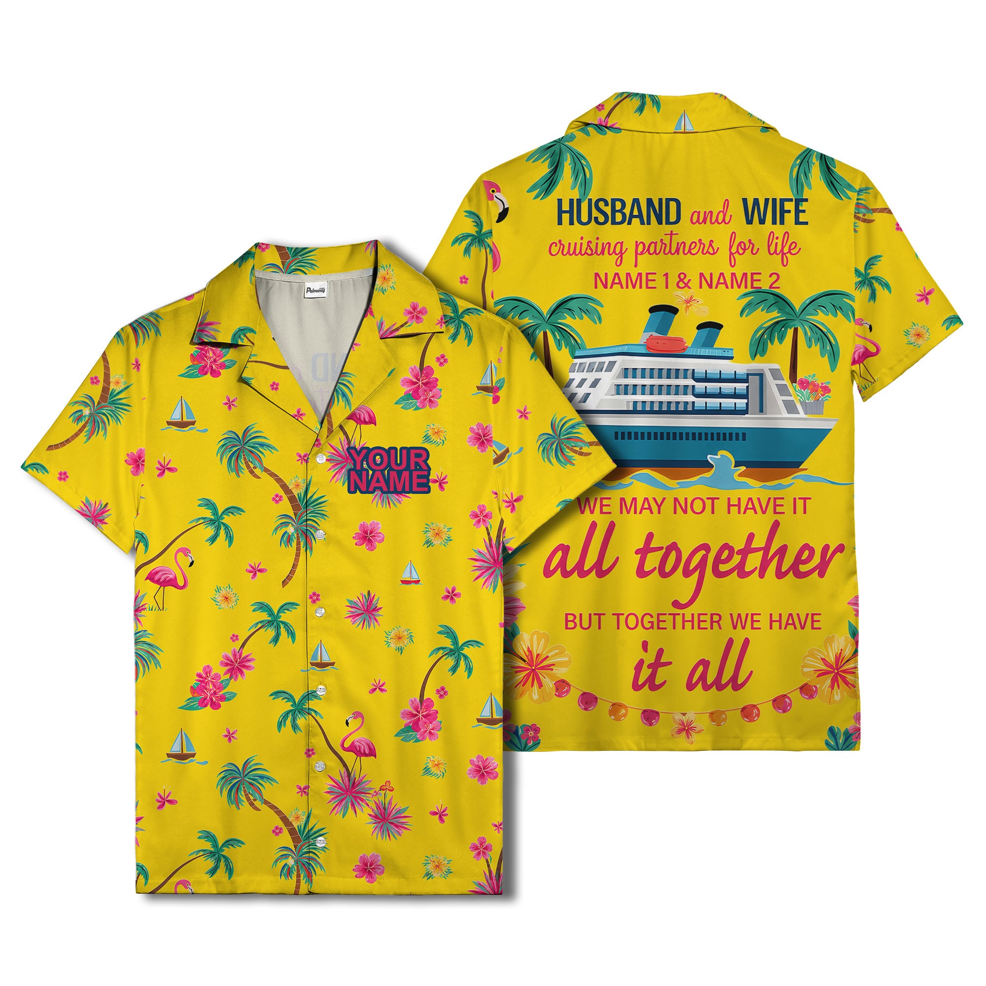 flamingo sailboat hibiscus palm watercolor hawaiian shirt