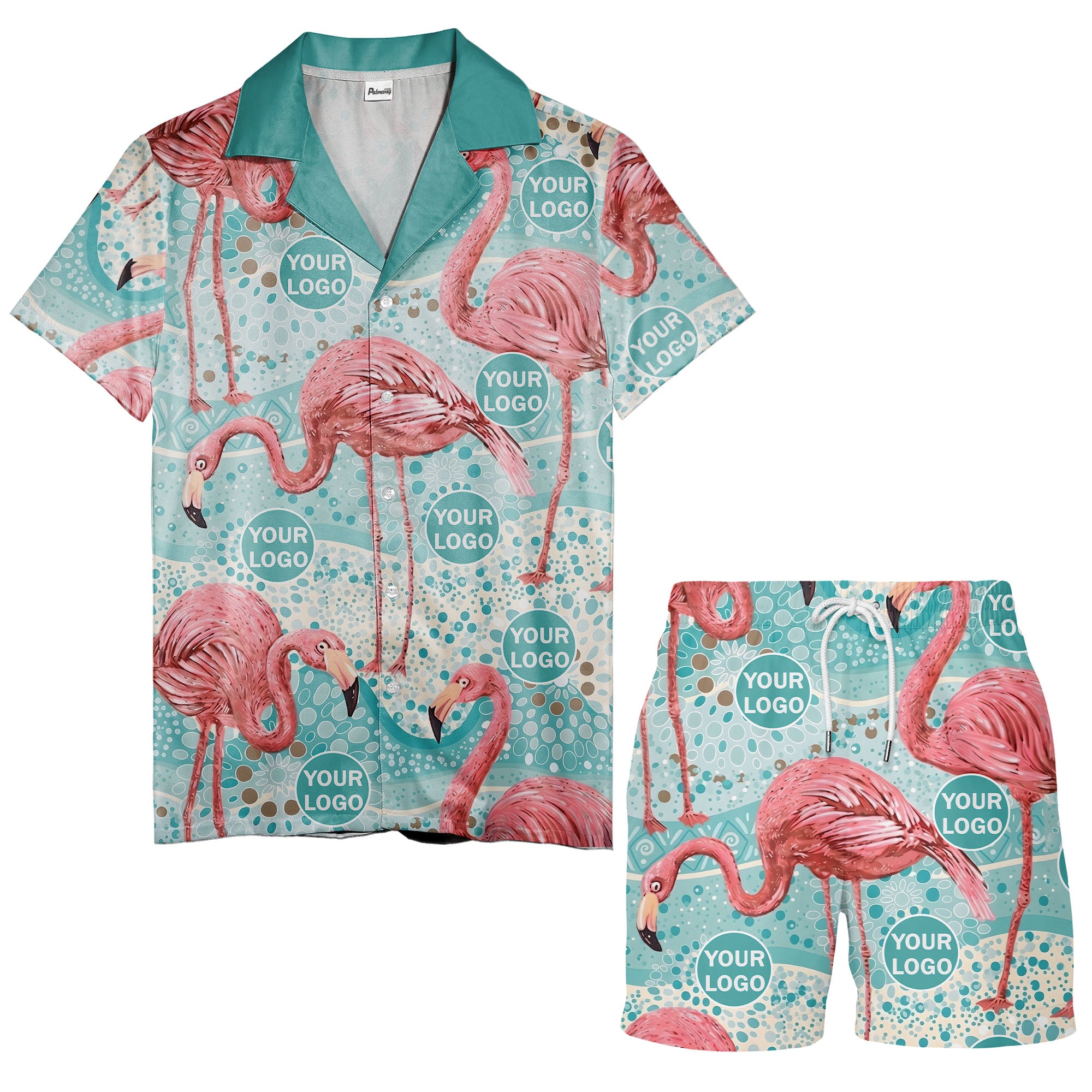 flamingo watercolor paradise pink birds teal circles hawaiian shirt