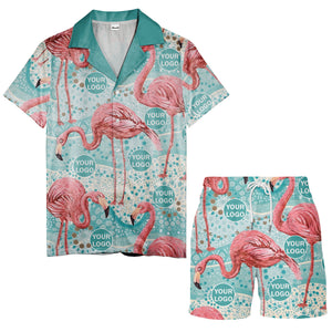 flamingo watercolor paradise pink birds teal circles hawaiian shirt
