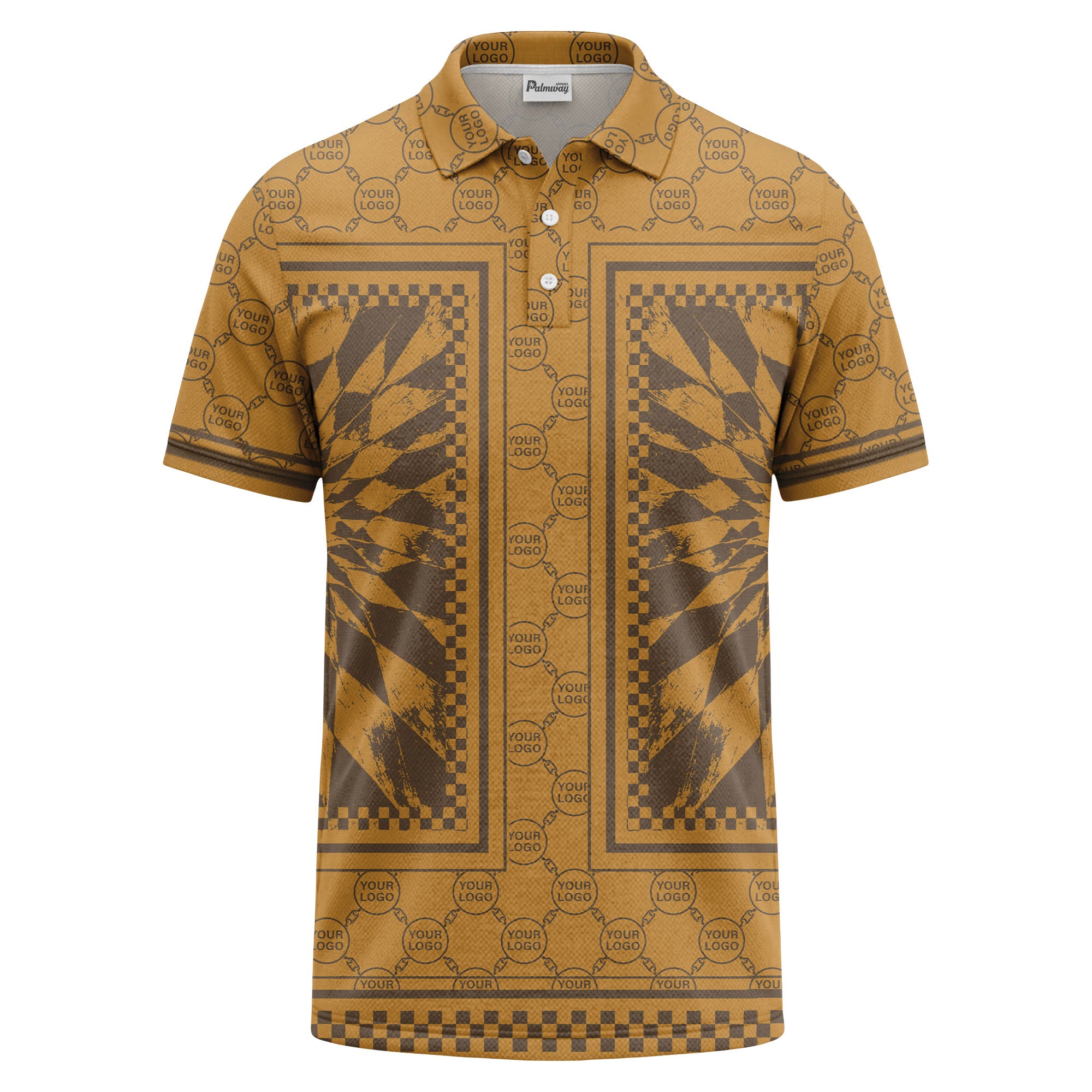 geometric palm leaves checkerboard border polo shirt