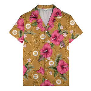 gold chain & pink hibiscus watercolor hawaiian shirt for men